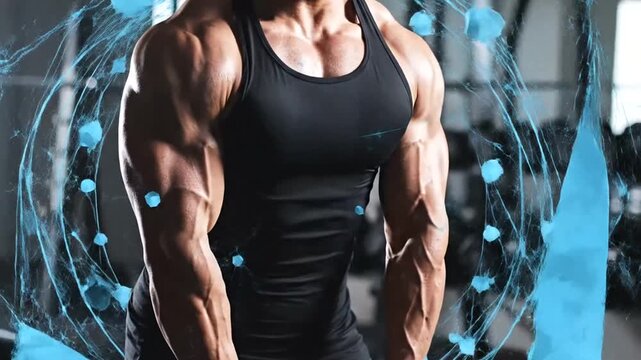 Muscular man in gym with technology.