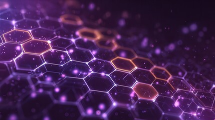 Bright digital hexagons form a futuristic tech grid on a purple background, showing glowing cells in an abstract medical design.