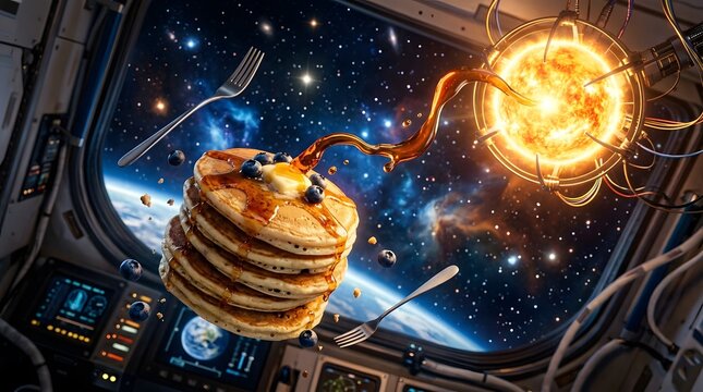 A surreal space scene with a stack of pancakes floating in zero gravity, syrup swirling like a solar flare, set against a stunning view of Earth, stars, and a vibrant sun from a spacecraft window