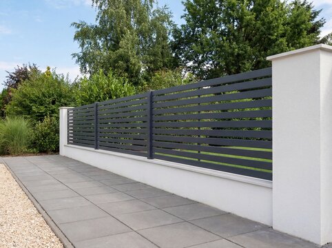 Modern dark grey metal slatted fence with white concrete pillars