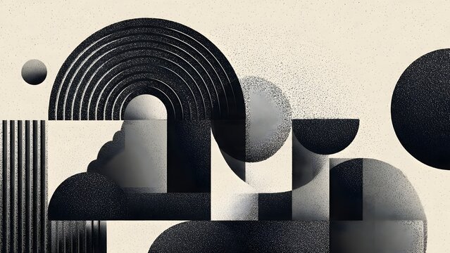 Black and white city illustration of a man with urban skyline and geometric shapes