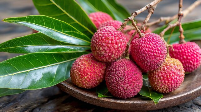 Fresh lychees, with green leaves, sit on a wooden plate. These ripe fruits, from Thailand's tropical trees, are ready to eat in summer.