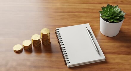 High angle view of a wooden table with stacked golden coins, a blank spiral notebook, a silver pen, and a small potted green succulent, retirement, data, economy