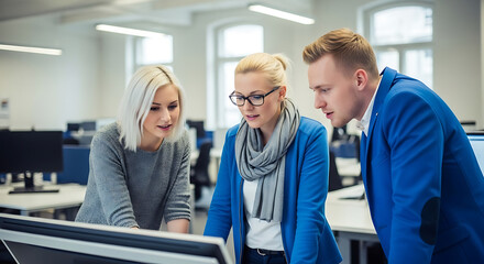 Obraz premium Three professionals collaborating on a project at their office desks, looking at a computer screen