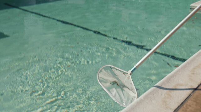 Pool cleaning with skimmer net in clear water near concrete edge with visible debris on the surface