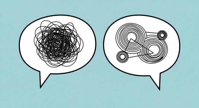 This illustration depicts two speech bubbles, one representing a clear and organized thought process and the other representing a confused and disorganized mind. The image is a creative visual repre