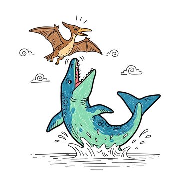 Cartoon Mosasaurus Leaping to Catch a Pterodactyl.