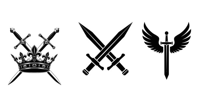 Swords and crown symbols in black silhouette on white background