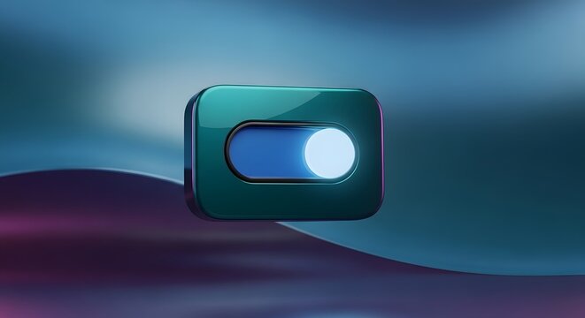 A vector illustration of a light switch icon on a blue background designed as a square metal push button for power control in web and mobile technology