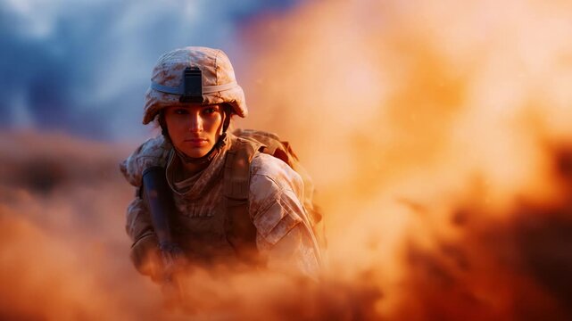 Dramatic Scene of a Soldier in Combat Gear Moving Through a Dusty Battlefield with Intense Focus Amidst Clouds of Dust and Explosions in the Background