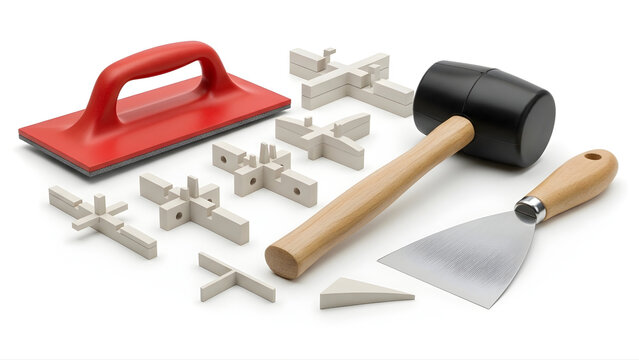 Tile Installation Tools with Rubber Mallet Float Spacers and Putty Knife on White Background
