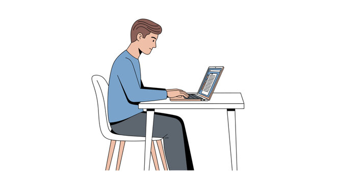 Focused man working on laptop, typing at a desk, in isolated white background.