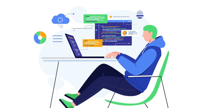 Man relaxed and focused on coding and web development on a laptop in a modern creative workspace, bright background.