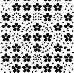 Fototapeta premium Seamless black and white japanese cherry blossom design with falling sakura petals and traditional floral motifs.