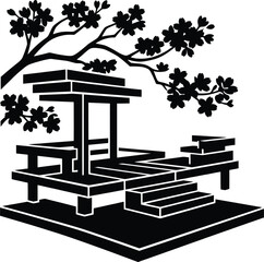 Fototapeta premium Japanese traditional pavilion silhouette with cherry blossom branches in black and white minimalist technique vector artwork.
