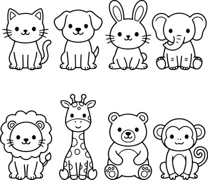 Set of black aSet of black and white cartoon animals including cat, dog, rabbit, elephant, lion, giraffe, bear, and monkey. Line art outline illustration of cute zoo and pnd white cartoon animals .eps