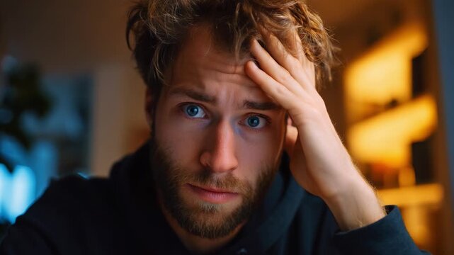 A young man displays concern and frustration in a dimly lit room, showcasing an introspective moment of self-reflection amid a chaotic environment.