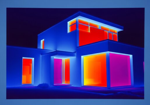 Thermal image of a modern dwelling exterior, displaying distinct color gradients that represent surface temperature differences and potential heat escape, technology, detection, assessment