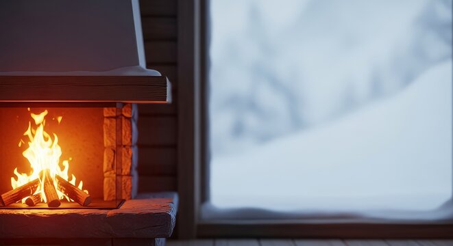 Warm light emanates from a cozy fireplace inside a rustic mountain dwelling, offering comfort and essential heat on a snowy winter day, winter, fireplace, comfort