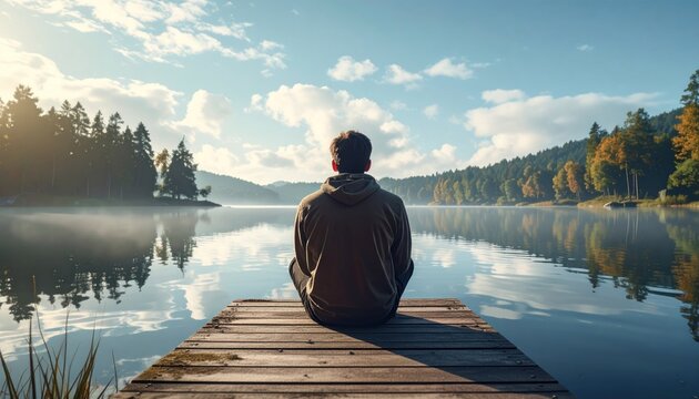 Contemplative figure on dock overlooking serene lake and forest landscape.