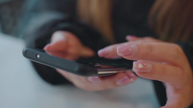 Closeup hands tapping smartphone on table, student checking app for payment and messages, soft indoor lighting, manicured nails, black jacket sleeve visible, deliberate finger gestures, shallow depth