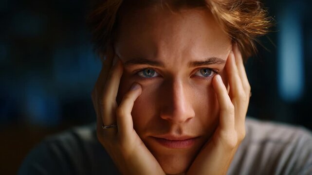 A Close-Up of a Pensive Young Person Reflecting Deeply, With Gaze Focused and Hands on Face, Capturing Emotions of Contemplation and Vulnerability.