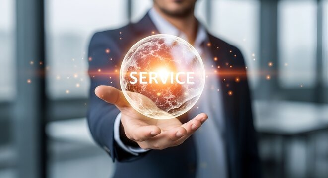 Businessman holding glowing energy sphere with SERVICE text in modern office, customer service and business excellence concept