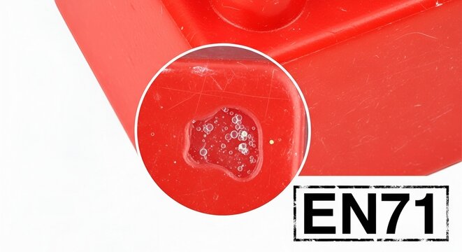 Red plastic toy brick with manufacturing defect close-up and EN71 safety standard label, quality control concept