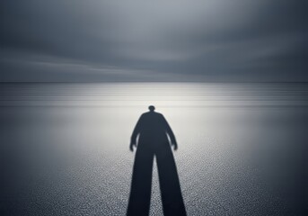 Fototapeta premium A solitary shadow moves slowly across a vast expanse of gray asphalt under a heavy sky, capturing a mood of profound sadness and isolation, lonely, urban, horizontal