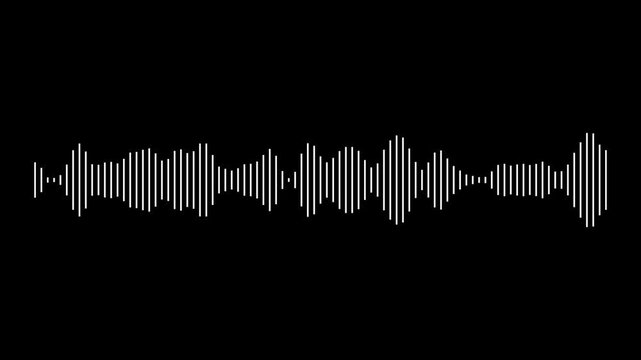 Audio waveform spectrum animation in white on black background, digital sound wave visualizer, music equalizer lines, abstract frequency motion graphics, seamless 4K loop