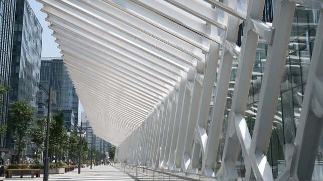 Modern Urban Skywalk in City with Sleek Architecture and Greenery.