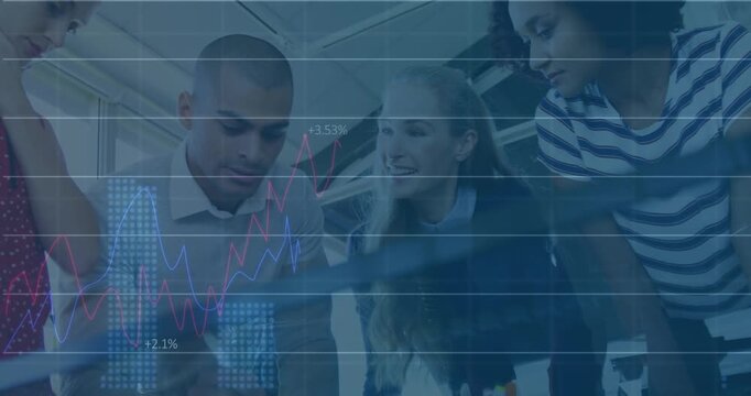 Animation of financial data processing over businesses people