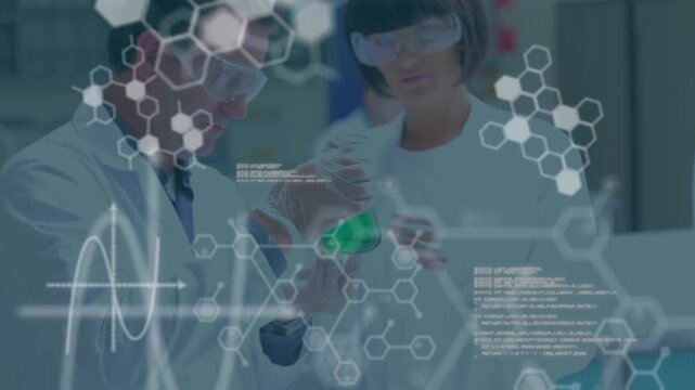 Animation of science data processing over two caucasian scientists in laboratory