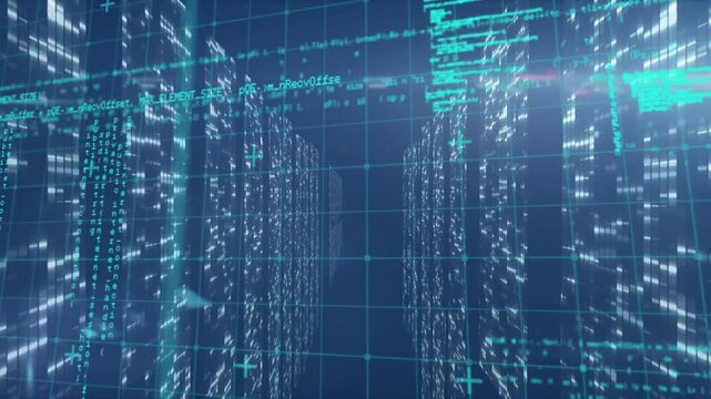 Animation of data processing on navy background with lights