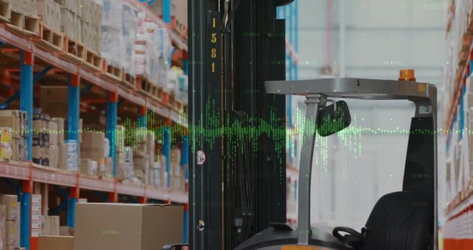 Animation of data processing over turret truck in warehouse