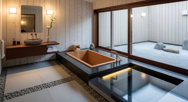 A modern bathroom with a large bathtub and a sink in a wooden vanity