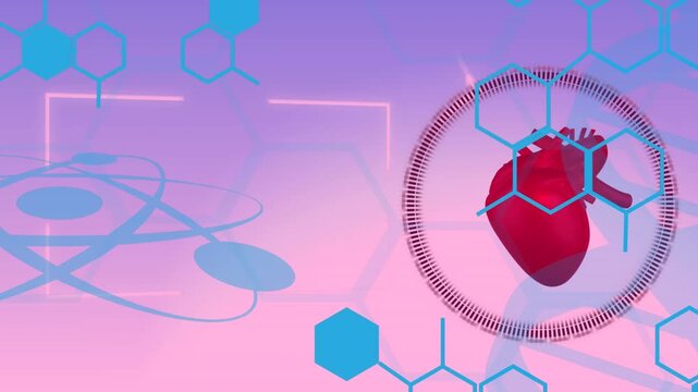 Animation of chemical structures and data processing over heart icon on blue background