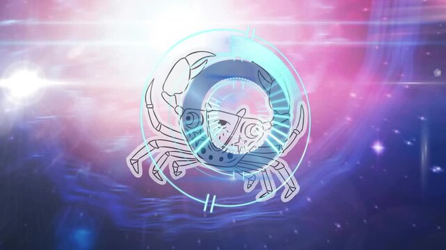 Animation of processing circle over zodiac and cancer over cosmic background