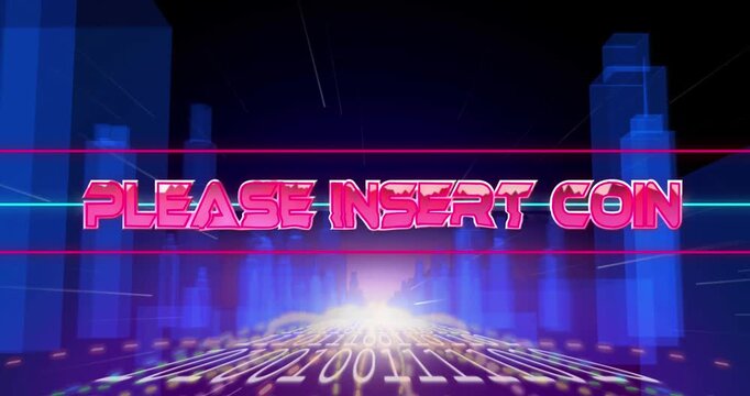 Animation of please insert coin text glitching against a green screen