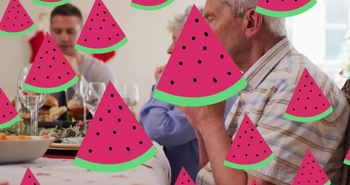 Multiple watermelon slice icons against black background