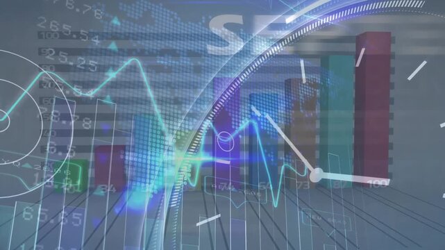 Animation of september texts over multiple graphs, clock, numbers and map over abstract background