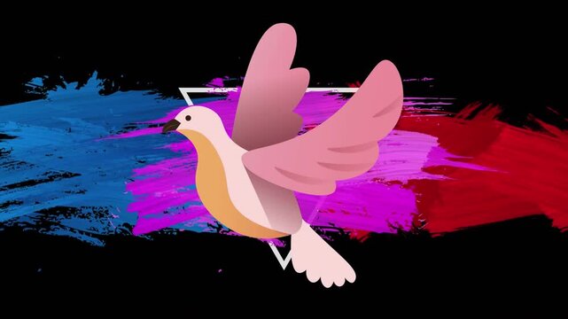Animation of bird and triangle with multicolored strokes on black background