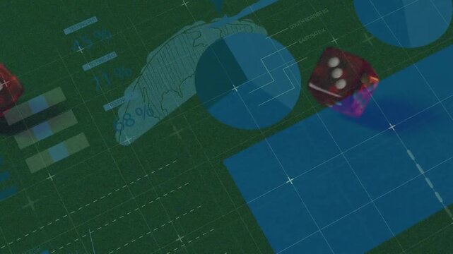 Animation of data processing and globe over dices