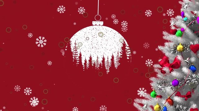 Animation of snow falling over christmas tree with decorations