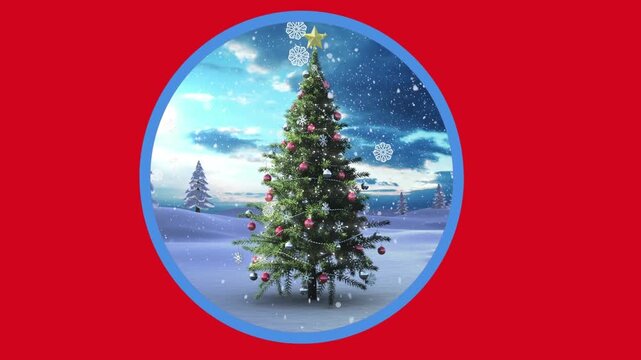 Animation of snow falling over christmas tree on winter landscape on round banner on red background