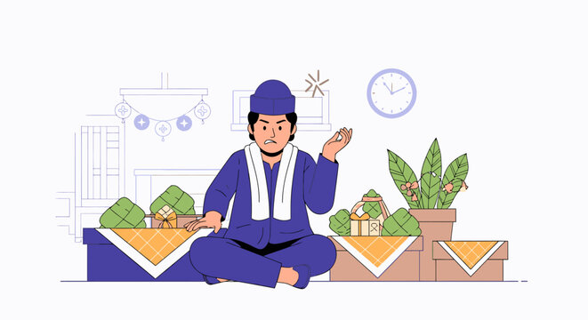 Man in traditional blue attire sitting with raised hands.