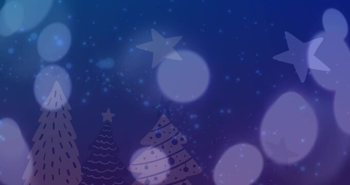 Animation of spots of light falling over christmas tree and star icons against blue background