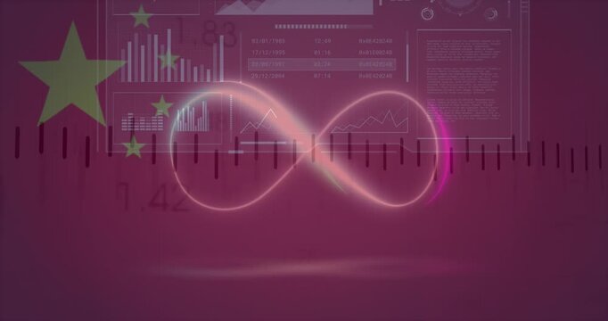 Animation of neon infinity shape over multiple screens with data processing against china flag