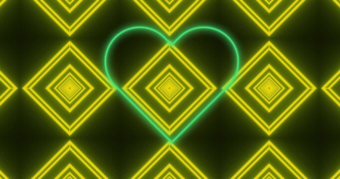 Animation of shapes moving and heart over black background