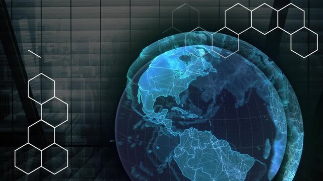 Animation of hexagonal shapes and globe icon against view of cityscape from office window